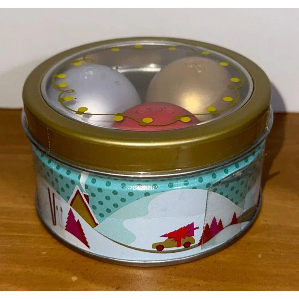 EOS Holiday Lip Balm Trio Tin Snow, Fireside Chai, Pomegranate LTD EDTN *SEALED